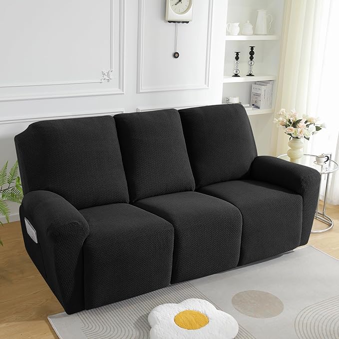 JIVINER 8-Piece Recliner Sofa Covers Stretch Jacquard Couch Covers for Reclining Slipcovers for Living Room 3 Cushion Soft Recliner Protector with Pocket (Sofa Recliner, Black)