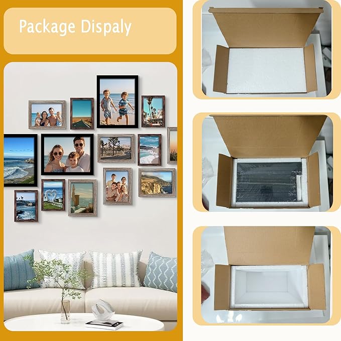 BESCRCL 15 Pack Real Glass Picture Frames Collage Wall Decor, Including 3pcs 8x10, 6pcs 5x7, 6pcs 4x6 Photo Frames for Gallery Wall or Tabletop Display, Natural Woodgrain