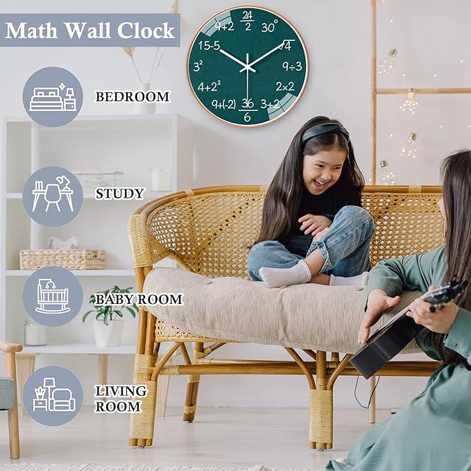 12 Inch Math Wall Clock Silent Non Ticking Movement Quality Quartz Wall Clock for Office Classroom/School/Home/Kitchen/Living Room Wall Decorations (Green)