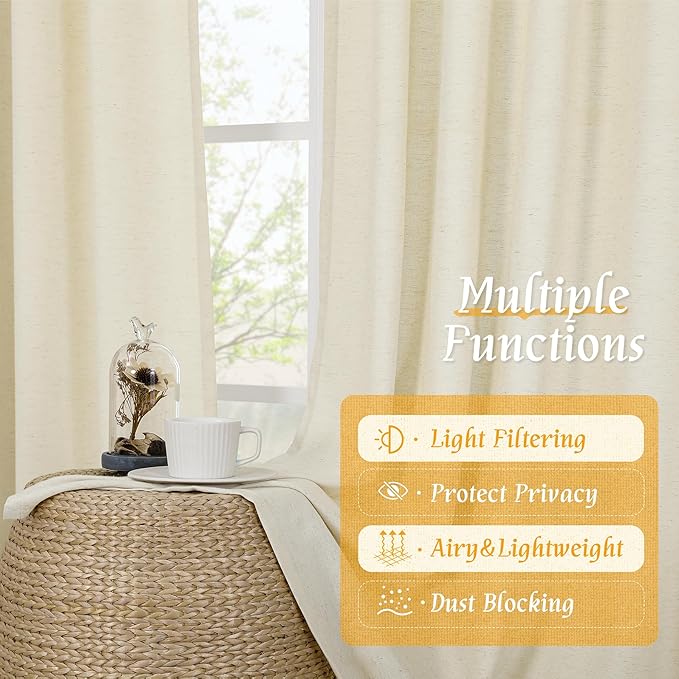 LAMIT Light Beige Linen Textured Curtains 63 inch Length for Bedroom, Soft Semi Sheer Light Filtering Window Treatments Rod Pocket Drapes for Living Room/Small Window, 2 Panels Set, 52 x 63 Inch