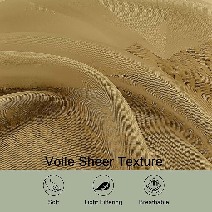 OWENIE Gold Sheer Curtains 120 Inches Long 2 Panels Set, Airy Lightweight Sheer Gold Curtains for Living Room Bedroom, Farmhouse Voile Filmy Rod Pocket Curtains Drapes, 2 Pcs, Each 59" Wx120 L Inch