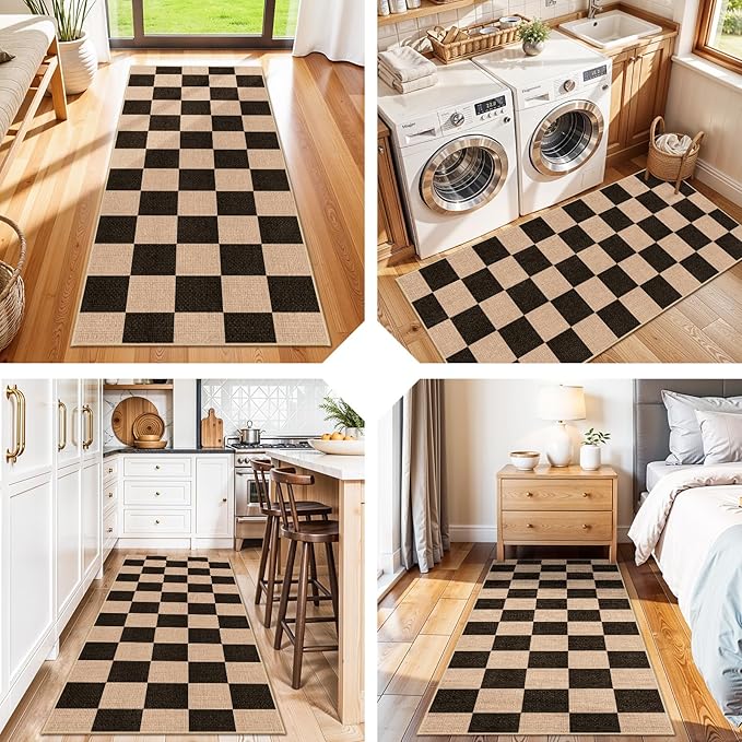 Easy Jute 2x5 Runner Rug: Non Slip Checkered Low Pile Indoor Doormat - Machine Washable for Entryway Kitchen Bathroom - Carpet for Dorms Small Spaces Ideal for Young Families First Home (Black,2x5)