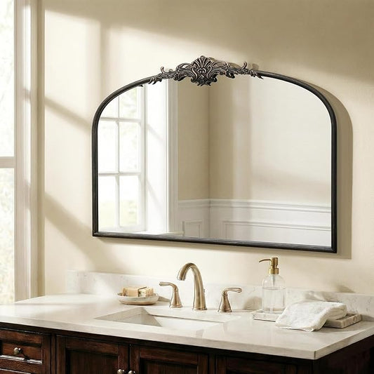 Besdomus Vintage Arched Black Mirror: 32"x24" French Large Vintage Vanity Wall Mirror - Baroque Decorative Traditional Ornate for Living Room/Fireplace/Bathroom- Wall Decor for Interior Designers