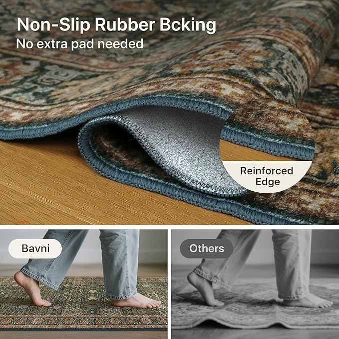 Bavni 2'6''x6 Rug Runners for Hallways, Washable Runner Rug Non Slip, Vintage Floral Print Style Rugs for Bedroom-Lightweight Low Pile Carpet for Hallways Bathroom, Dark Green/Multi