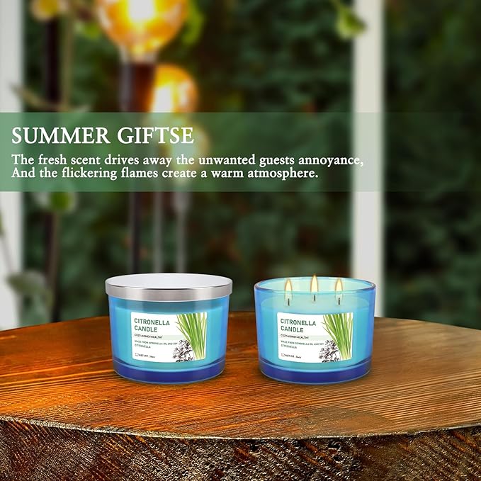 2x14oz Large 3-Wick Outdoor Indoor Citronella Candles, Long Lasting to 30 Hours, Scented Natural Soy Candle