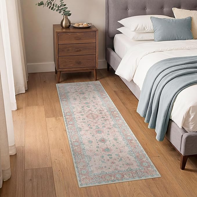 GENIMO Runner Rug for Hallways Machine Washable, 3x7 Non Slip Boho Vintage Lightweight Washable Runners, Thin Floor Rugs for Entryway Hallway Bathroom Laundry Room Corridor, Misty Pink