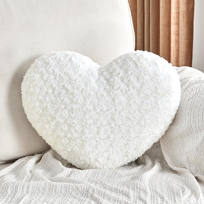 Heart Pillow White Throw Pillows, Soft Fluffy Decorative Pillows for Bed Couch Chair, Cute Heart Shaped Room Decor Gifts for Valentine Anniversary Birthday Mothers Christmas (Medium, 20"x15")