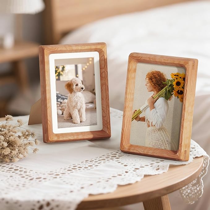 Fun Memories 4x6 Picture Frame, USA-Sourced Cherry Wood Photo Frames with HD Tempered Glass, Handcrafted Rounded Corner 4 x 6 Wooden Frame Matted to 3.5x5 Photos, 4x6 Frames, Tabletop or Wall Display