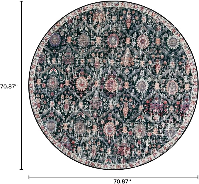 Lahome Moroccan Trellis Washable Round Area Rug, Soft Round Rugs 6ft Ultra-Thin Non-Slip, Vintage Large Circle Carpet for Bedroom Living Room Kitchen Nursery Elise, Black/Multi