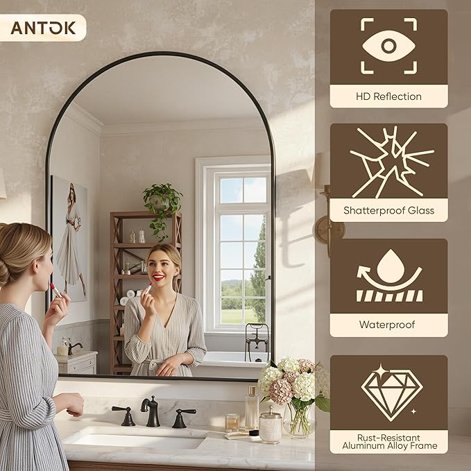 Antok Arched Bathroom Mirror, 30"x40" Wall Mounted Mirror, Vanity Mirrors for Over Sink, Aluminum Alloy Frame Bathroom Mirrors Living Room, Bedroom and Entryway, Black
