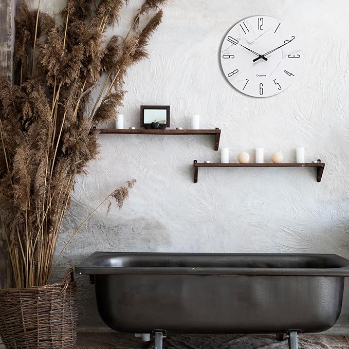 Glass Wall Clock White Marble Theme - 14" Battery Operated Silent Non-Ticking Quartz Modern Farmhouse Decor Round Clock for Home, Bathroom, Kitchen