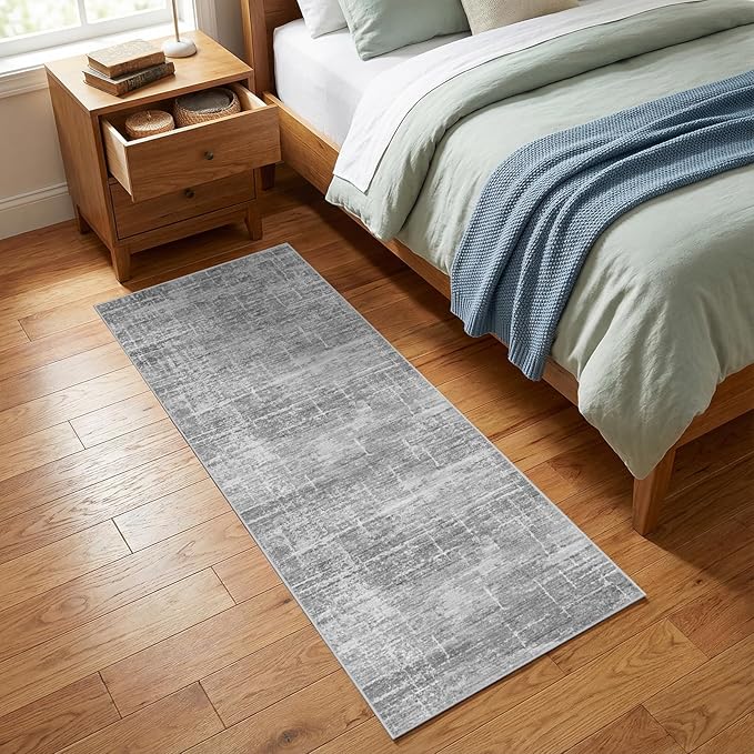 2x6 Washable Kitchen Runner Rug - Modern Abstract Neutral Carpet with Non-Slip Backing Low-Pile Stain-Resistant Thin Runners for Hallway Bathroom Bedroom Entryway (2x6, Gray)