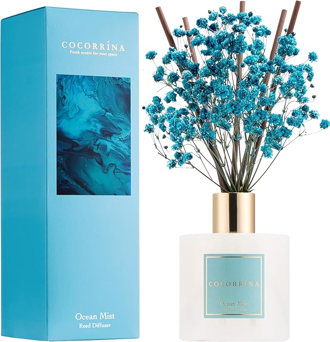 COCORR??NA Reed Diffuser - Ocean Mist 6.7 Fl.oz Reed Diffuser Set with Sticks & Preserved Baby's Breath, Reed Diffuser for Home Bathroom Shelf Decor