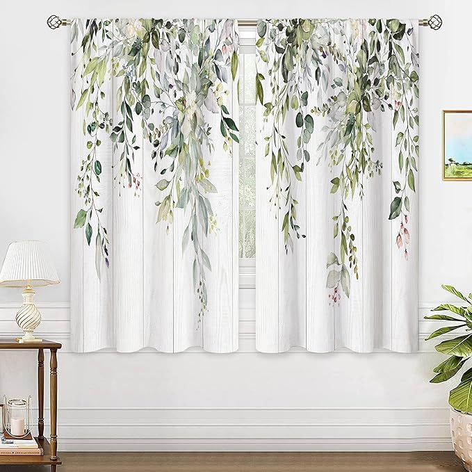 Wooden Sage Green Eucalyptus Leaves Window Curtains Flower Floral Botanical Plant Wildflower Farmhouse Curtain Drapes Herb Curtains for Bedroom Living Room Treatment 2 Panels 42Wx45H Inch