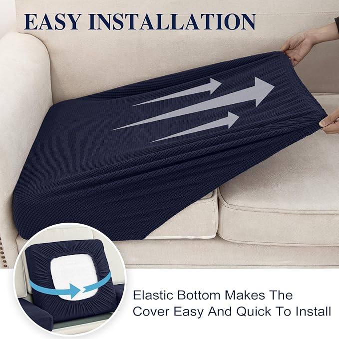LA MEACK Couch Cushion Covers for Sectional Sofa L Shape Washable Separate Seat Chaise Couch Cover Stretch Sofa Slipcovers with 2 Pcs Pillowcases(2 Seater + 1 Chaise, Navy)