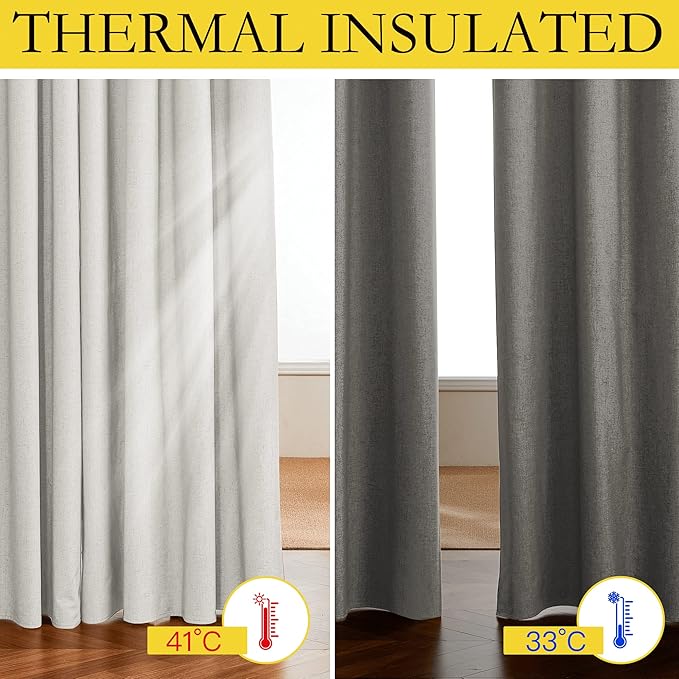 NICETOWN 100% Absolutely Blackout Linen Curtains with Thermal Insulated White Liner, Ivory, 52" W x 48" L, Set of 2, Burlap Textured Textured Linen Look Privacy Window Treatment for Kitchen