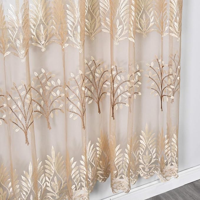 DONREN Tree Branch Embroidery Taupe Sheer Curtains for Bedroom - 96 inch Long Leaf Embroidery Voile Window Curtains (W 52 x L 96 Inch,2 Panels)