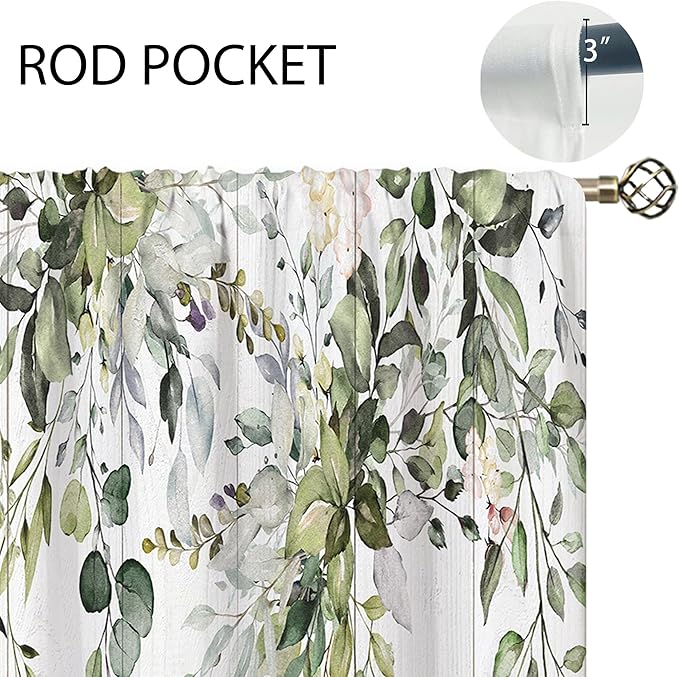 Rustic Wooden Eucalyptus Botanical Leaves Floral Kitchen Window Curtains Farmhouse Flower Leaf Small Treatment Sage Green Cafe Short Curtains for Bathroom Treatment Tier Drapes 26x45 inch