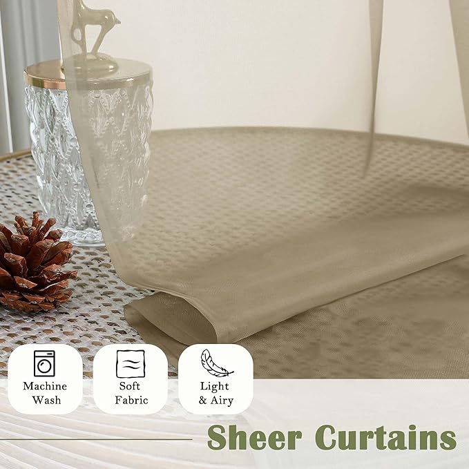 Lecloud Taupe Sheer Curtains for Bedroom Decor 84 Inches Long 2 Pcs, Modern Farmhouse Decor Rod Pockets Airy Light Filtering Curtains for Living Room, Dining Room Drapes, Each Panel 59" W x 84" L