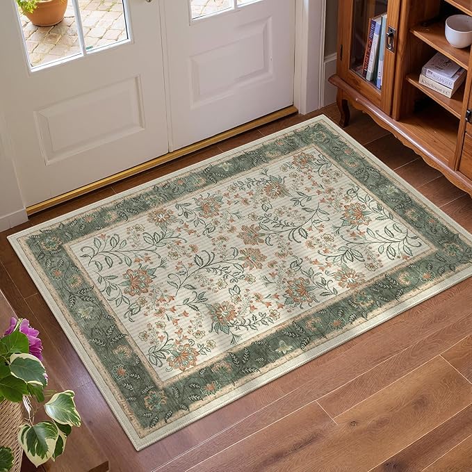 GarveeHome Small Sage Green Entryway Rug, 2x3 Washable Front Door Rug Indoor Entrance French Floral Carpet Non-Slip Beige Throw Rugs for Kitchen, Powder Room, Entry, Bathroom, Kids Room