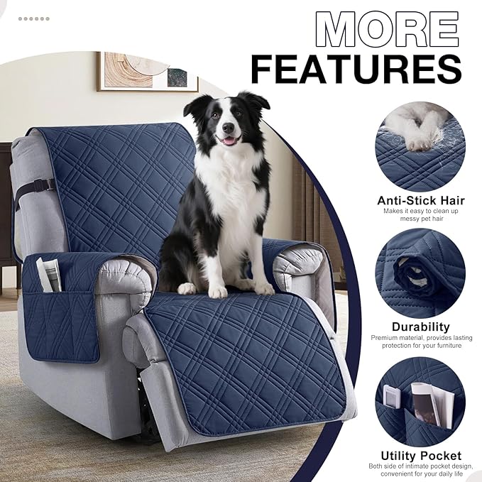 TAOCOCO 100% Waterproof Recliner Chair Cover, Non Slip Recliner Covers for Recliner Chair with Pocket, Washable Reclining Chair Cover Furniture Protector for Kids, Pets(23.6'', Navy Blue)
