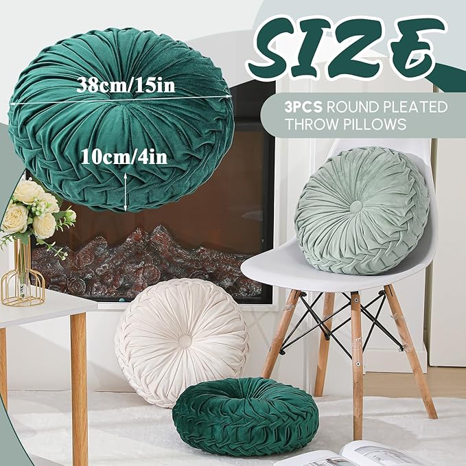Drydiet 3 Pcs Round Throw Velvet Pillows Decorative Pleated Throw Pillows 15'' Diameter Accent Pumpkin Boho Chair Cushion for Couch Sofa Home Decoration (White,Light Green,Green)