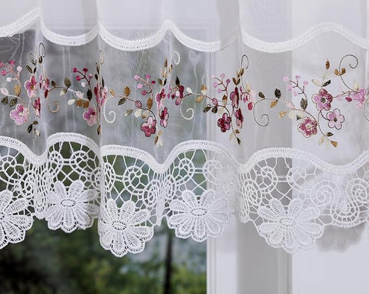 Today's Curtain, Vintage Macramé Organza Valance 14", White/Rose, 58" W x 14" L