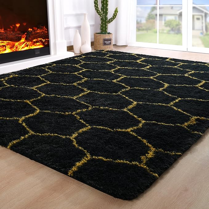 Fluffy 6x9 Area Rugs for Bedroom Living Room,Thick Shag Throw Floor Carpet,Soft Shaggy Bedside Non-Slip Rug Black Gold