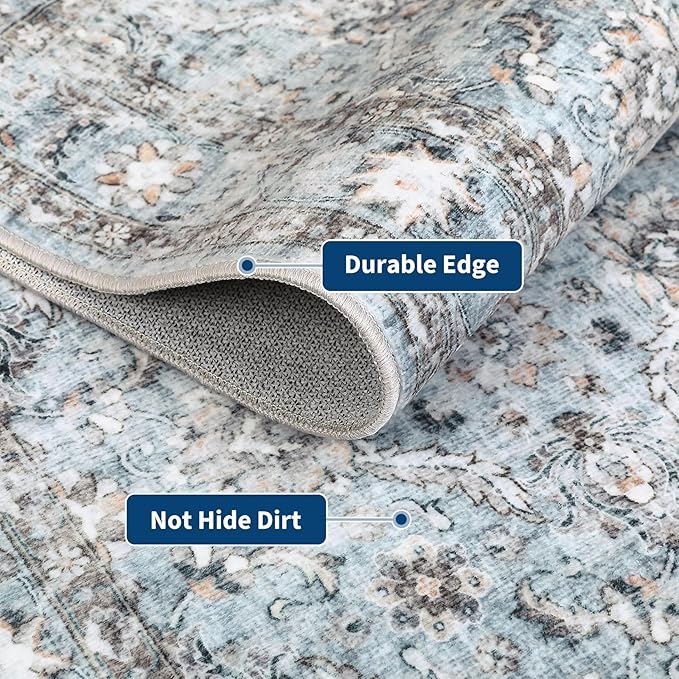 GarveeHome Hallway Washable Runner Rug 2x6 Vintage Soft Kitchen Rugs with Non Slip Backing, Low Pile Stain Resistant Distressed Oriental Floral Print Carpet for Bedroom, Bathroom, Grey and Blue