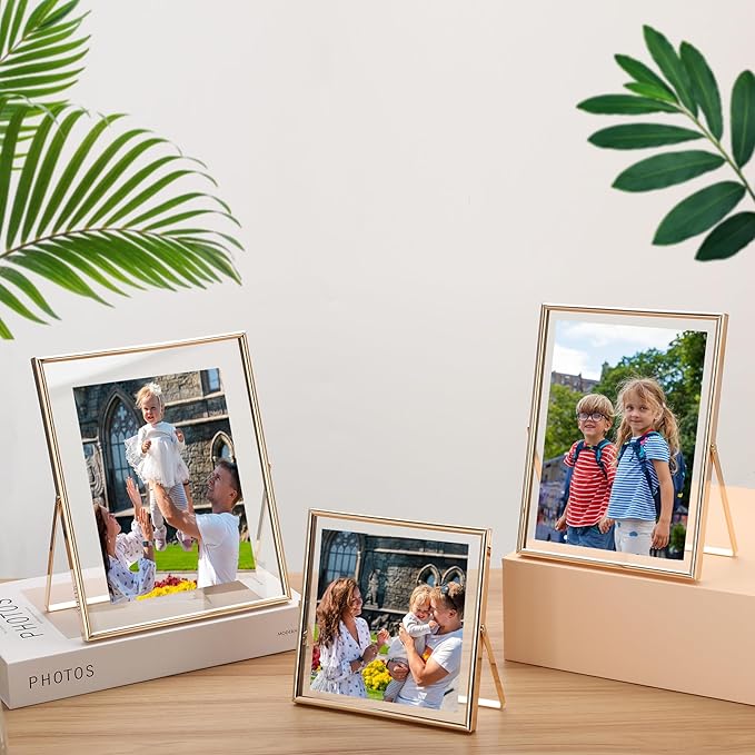 Gold Floating Picture Frames Set of 3, Metal Geometric Photo Frame with Glass Cover Includes(5x7'',4x6'', 5x5''),Tabletop Floating Picture Frames for Home Wedding Decoration,Gift for Christmas,Wedding