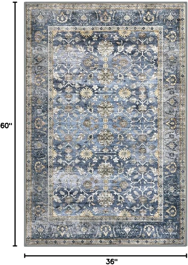 KUTA Vintage Floral 3x5 Entryway Rug, Area Rugs for Living Room Blue Grey Beige Washable Kitchen Carpet Non-Slip, Ultra Thin Soft Printed Distressed Oriental Entry Low-Pile Throw for Dining Room Dorm