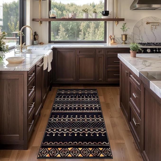 SERISSA 2x4 Rugs for Entryway, Washable Non-Slip Black and Gold Small Runner Rug, Soft Low-Pile Boho Geometric Indoor Entry Rug Door Mat Indoor Entrance Front Door Carpet for Bathroom Kitchen Bedroom