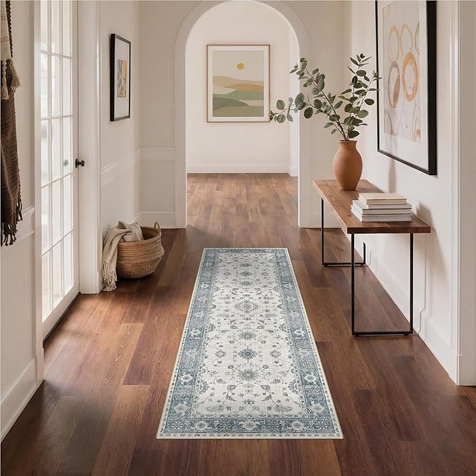 GENIMO Runner Rug for Hallways Machine Washable, 2x6 Non Slip Boho Vintage Lightweight Washable Runners, Thin Floor Rugs for Entryway Hallway Bathroom Laundry Room Corridor, Misty Blue