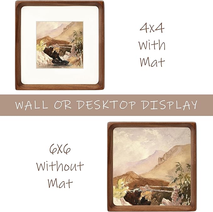 Square 6x6 Picture Frame with Mat for 4x4, Natural Walnut Wood Handcrafted Rounded Corner with Real Glass, Vertical or Horizontal Display Photo Gallery Wall & Tabletop Frame
