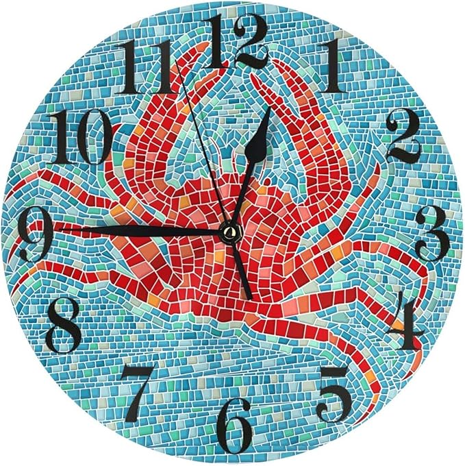 Ocean Crab Wall Clock Battery Operated Silent Round Clock Wall Decor for Home Office School, 12 Inch