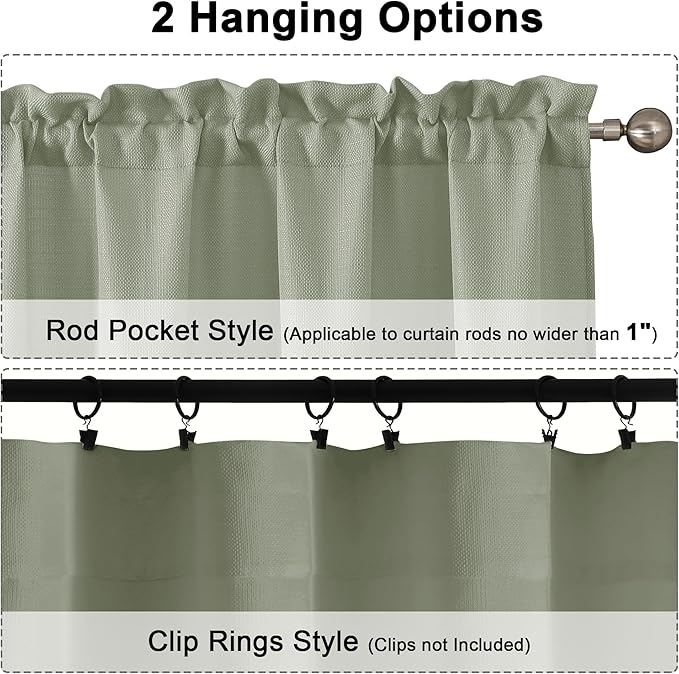 Chyhomenyc Bennett Light Green Window Valance, Faux Linen Slub Textured Semi Sheer Small Kitchen Cafe Valance, 30Wx14L, 2 Piece