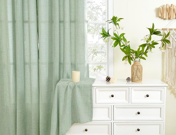 YoungsTex Sage Green Linen Curtains 84 Inches Long, Light Color Semi Sheer Drapes with Bronze Grommet Light Filtering Spring Decor for Bedroom Living Room Window, 52 X 84 Inch, 2 Panels