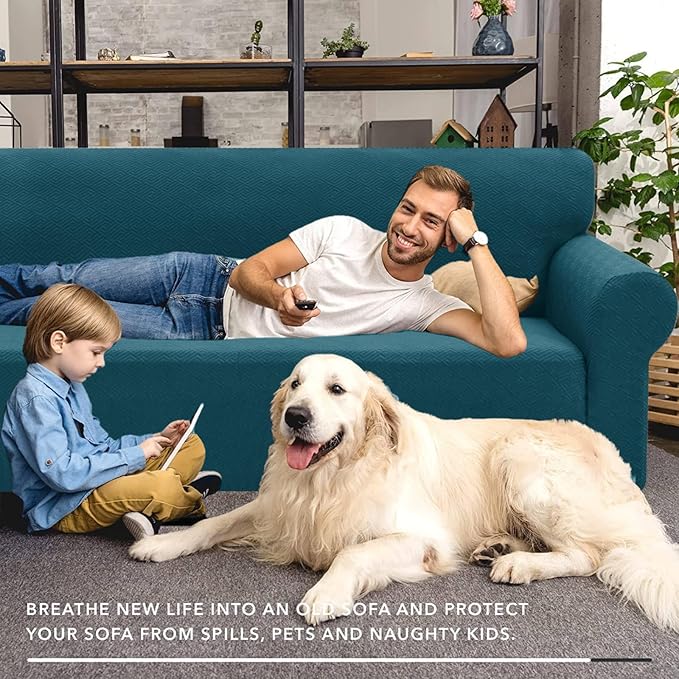 XINEAGE New Extra Large Couch Cover for 3 Cushion Couch (91"-110") 1 Piece Stretch Oversized Sofa Slipcovers Jacquard 4 Seater Furniture Protector Elastic Bottom for Kids,Pet (XL Sofa, Peacock Blue)