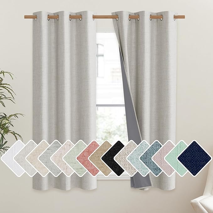 NICETOWN Snowbound Vintage Linen 100% Blackout Curtains for Dining Room, Thermal Insulated Curtains 45" Long, Noise Reducing Window Treatment Drapes for Kitchen, 42" Wide Per Panel, Set of 2