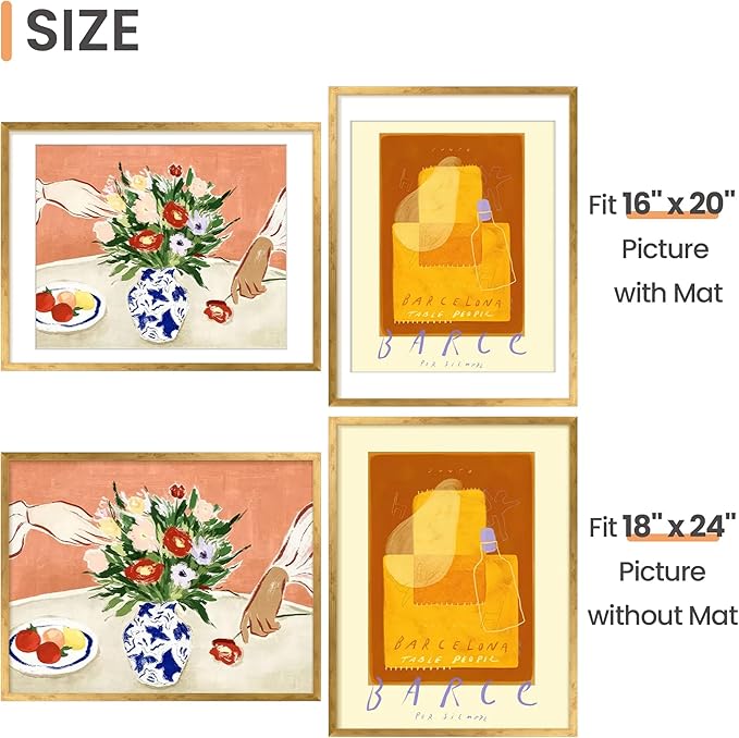 upsimples 18x24 Picture Frame, Display Pictures 16x20 with Mat or 18 x 24 Without, Wall Hanging Poster Frames, Bronze, 1 Pack