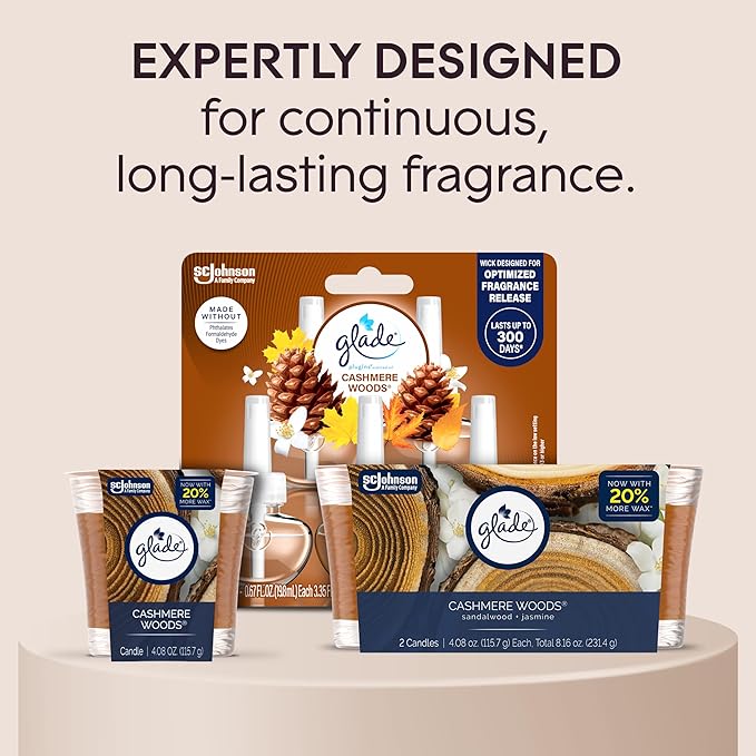 Glade 1-Wick Scented Candle Jar, Cashmere Woods, Air Freshener Infused with Essential Oils, 4.08 Oz, 3 Count