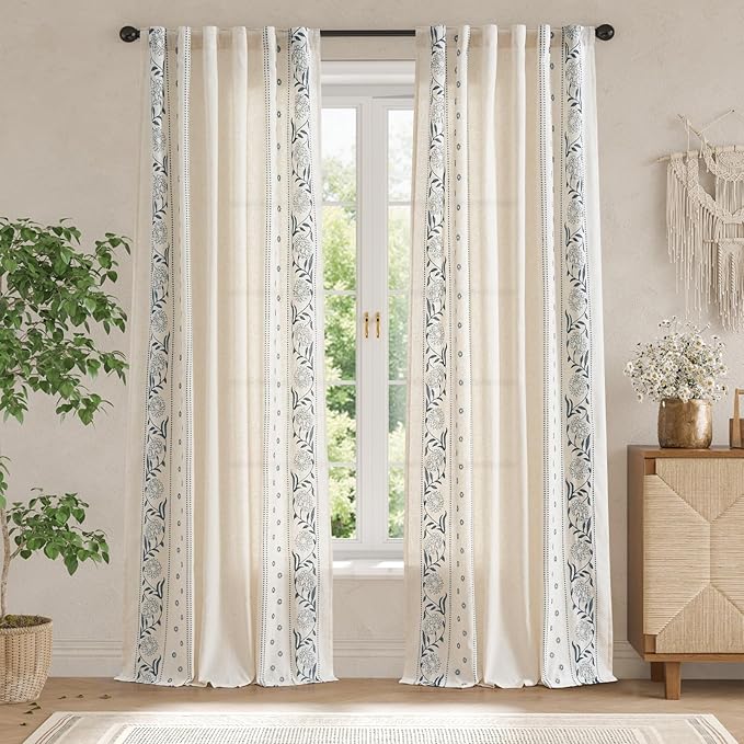 jinchan Winslow Linen Curtains for Bedroom 108 Inches Length Embroidered Bordered Floral Curtains for Living Room Farmhouse Decor Light Filtering Window Treatments Blue on Beige Drapes 2 Panels