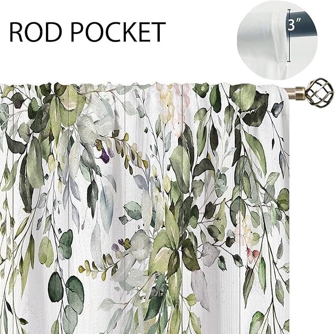 Farmhouse Sage Eucalyptus Botanical Leaves Floral Window Curtains Wooden Watercolor Wooden Flower Plant Wildflower Curtain Drapes Herb Curtains for Bedroom Living Room Treatment 42Wx63H Inch