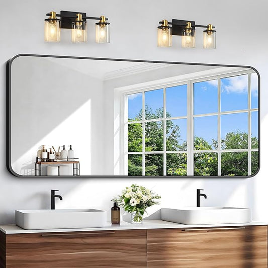 Black Bathroom Mirror, 66x30 inch Aluminum Metal Frame Rectangular Vanity Mirror, Large Wall Mounted Rectangle Mirrors with Rounded Corner for Over Sink Bedroom Living Room Horizontal/Vertical
