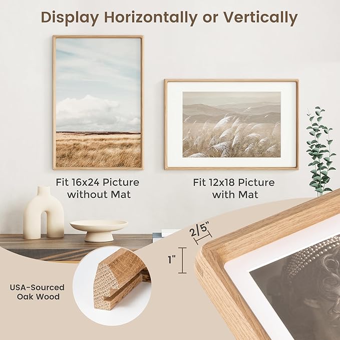 16x24 Poster Frame, USA-Sourced Oak Wood Picture Frame with HD Tempered Glass, Handcrafted Rounded Corner 16 x 24 Wooden Frames Matted to 12x18 Photos, Horizontal or Vertical Wall Display