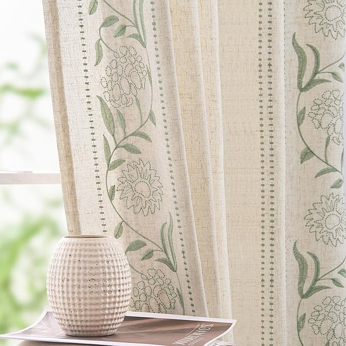 jinchan Winslow 4 Panel Curtains Set 84 Inch Length Embroidered Bordered Floral Curtains for Living Room Farmhouse Decor Light Filtering Window Treatments Sage on Beige Drapes 4 Panels