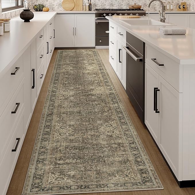 2x10 Washable Runner Rug Brown Vintage Non Slip Soft Low Pile Hallway Kitchen Rug Distressed Oriental Carpet for Laundry Bathroom Bedroom Living Room Home Decor
