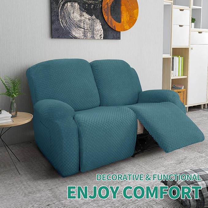 YEMYHOM 6 Pieces Stretch Loveseat Recliner Slipcover Jacquard Recliner Sofa Cover with Side Pocket Fitted Recliner Cover Couch Furniture Protector with Elastic Bottom (Medium, Peacock Blue)