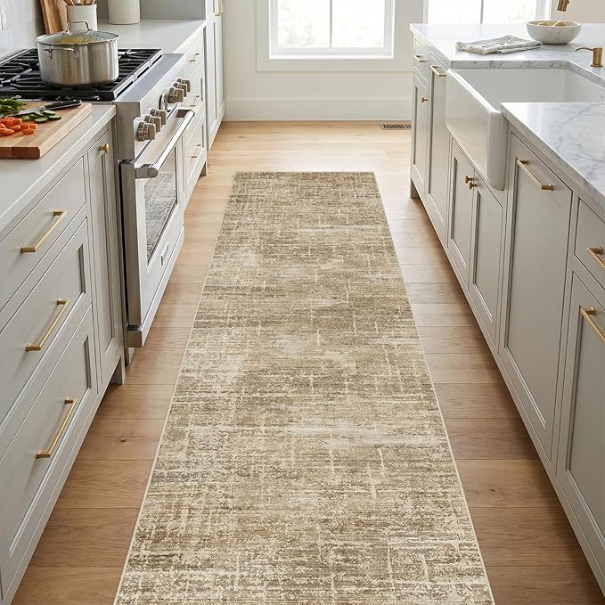 2x10 Washable Hallway Runner Rug - Modern Abstract Neutral Long Carpet with Non-Slip Backing Low-Pile Stain-Resistant Thin Runners for Kitchen Bathroom Bedroom Entryway (2x10，Tan/Brown)