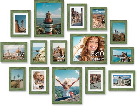 Vittanly 15 Pack Picture Frames Collage Wall Decor for Mounting or Tabletop Display, Gallery Frame Set for Family, Multi Sizes Including 3pcs 8x10, 6pcs 5x7, 6pcs 4x6, Rustic Green